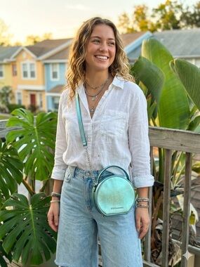 BCBGeneration Teal Metallic Circular Crossbody Bag Round Shimmer Faux Leather